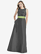 Front View Thumbnail - Gunmetal & Mojito High-Neck Asymmetrical Shirred Satin Maxi Dress with Pockets