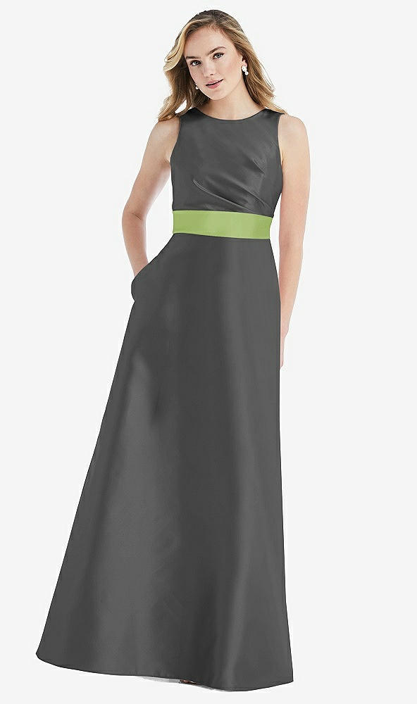 Front View - Gunmetal & Mojito High-Neck Asymmetrical Shirred Satin Maxi Dress with Pockets