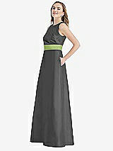 Side View Thumbnail - Gunmetal & Mojito High-Neck Asymmetrical Shirred Satin Maxi Dress with Pockets