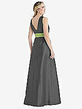 Rear View Thumbnail - Gunmetal & Mojito High-Neck Asymmetrical Shirred Satin Maxi Dress with Pockets