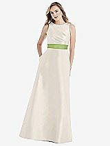 Front View Thumbnail - Ivory & Mojito High-Neck Asymmetrical Shirred Satin Maxi Dress with Pockets