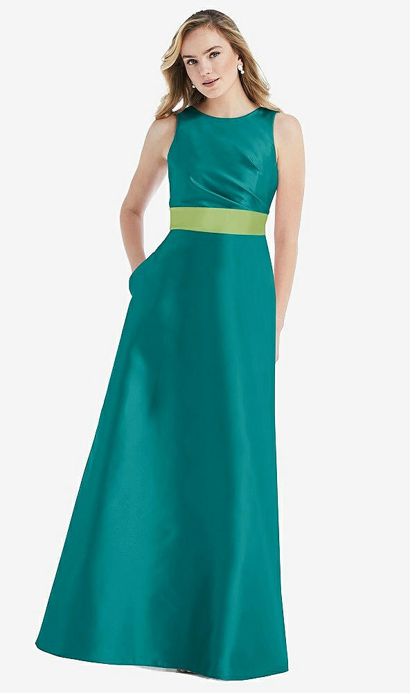 Front View - Jade & Mojito High-Neck Asymmetrical Shirred Satin Maxi Dress with Pockets
