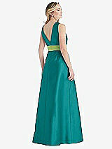 Rear View Thumbnail - Jade & Mojito High-Neck Asymmetrical Shirred Satin Maxi Dress with Pockets