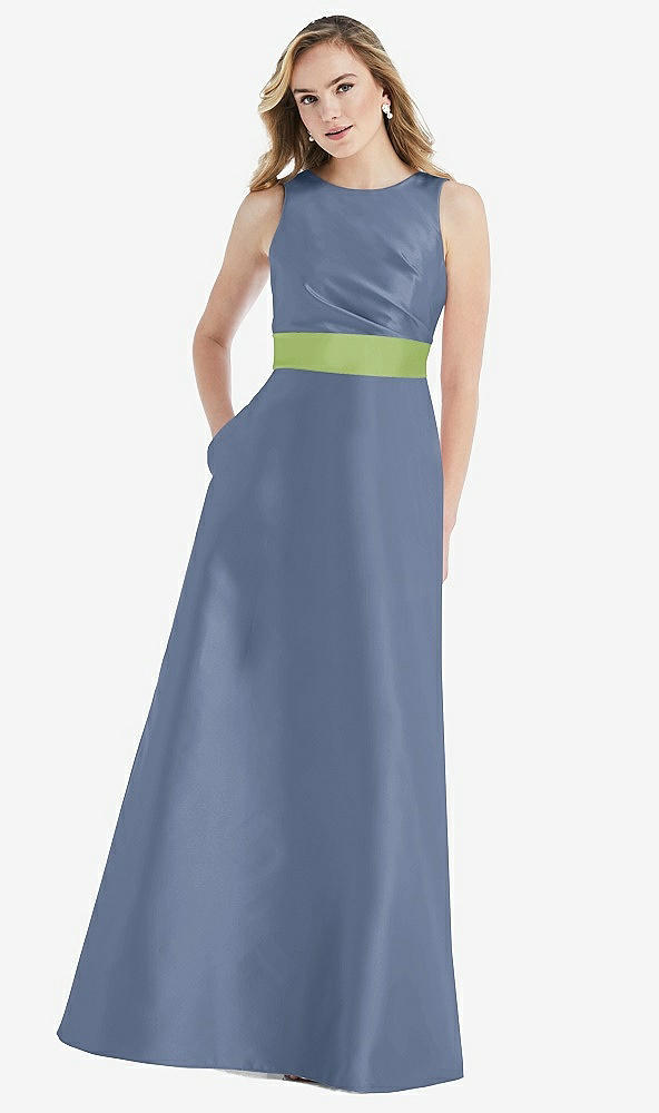 Front View - Larkspur Blue & Mojito High-Neck Asymmetrical Shirred Satin Maxi Dress with Pockets