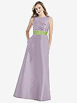Front View Thumbnail - Lilac Haze & Mojito High-Neck Asymmetrical Shirred Satin Maxi Dress with Pockets
