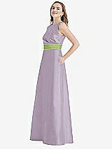 Side View Thumbnail - Lilac Haze & Mojito High-Neck Asymmetrical Shirred Satin Maxi Dress with Pockets
