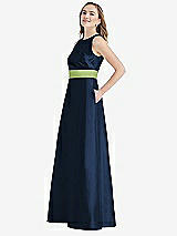 Side View Thumbnail - Midnight Navy & Mojito High-Neck Asymmetrical Shirred Satin Maxi Dress with Pockets