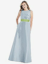 Front View Thumbnail - Mist & Mojito High-Neck Asymmetrical Shirred Satin Maxi Dress with Pockets