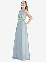 Side View Thumbnail - Mist & Mojito High-Neck Asymmetrical Shirred Satin Maxi Dress with Pockets