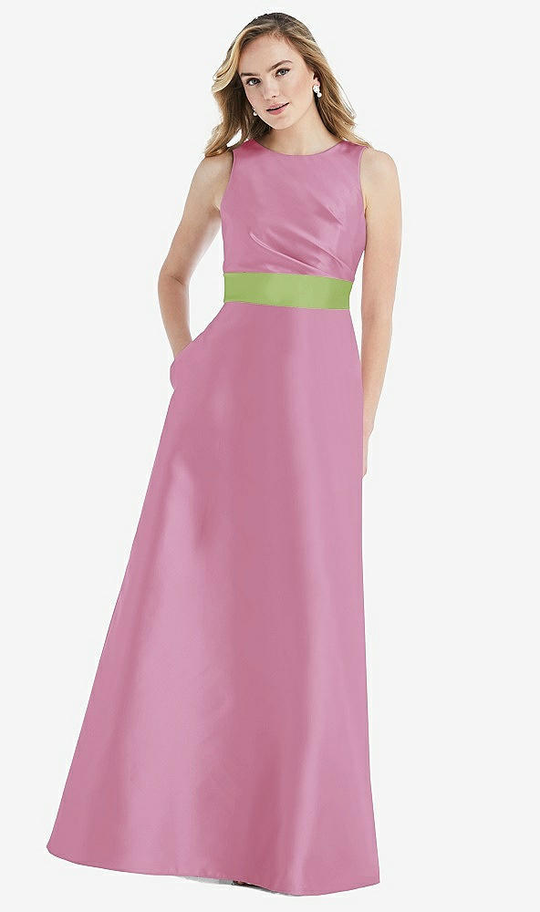 Front View - Powder Pink & Mojito High-Neck Asymmetrical Shirred Satin Maxi Dress with Pockets
