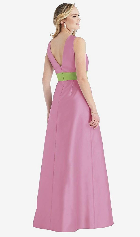 Back View - Powder Pink & Mojito High-Neck Asymmetrical Shirred Satin Maxi Dress with Pockets