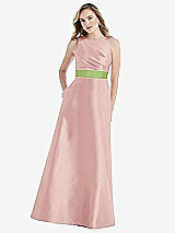 Front View Thumbnail - Rose & Mojito High-Neck Asymmetrical Shirred Satin Maxi Dress with Pockets