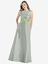 Front View Thumbnail - Willow Green & Mojito High-Neck Asymmetrical Shirred Satin Maxi Dress with Pockets