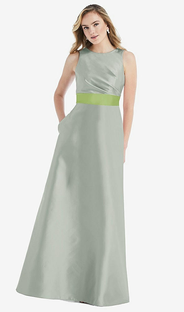 Front View - Willow Green & Mojito High-Neck Asymmetrical Shirred Satin Maxi Dress with Pockets