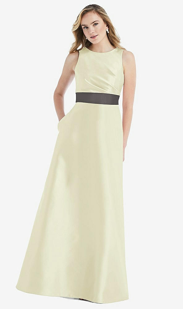 Front View - Butter Yellow & Caviar Gray High-Neck Asymmetrical Shirred Satin Maxi Dress with Pockets