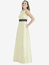 Side View Thumbnail - Butter Yellow & Caviar Gray High-Neck Asymmetrical Shirred Satin Maxi Dress with Pockets