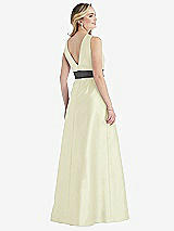 Rear View Thumbnail - Butter Yellow & Caviar Gray High-Neck Asymmetrical Shirred Satin Maxi Dress with Pockets