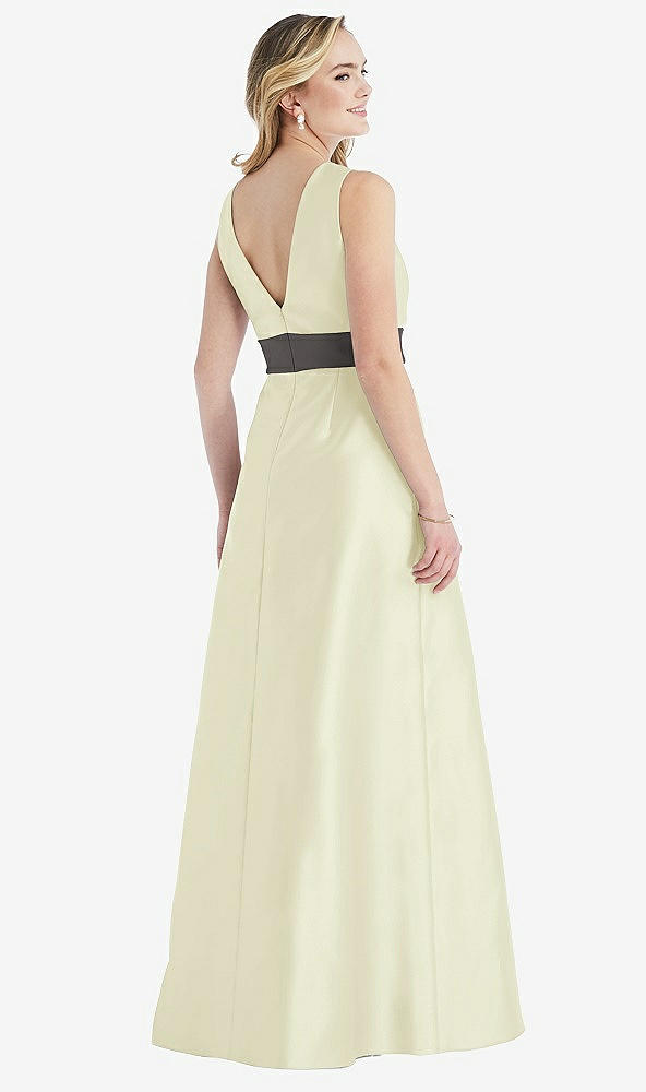 Back View - Butter Yellow & Caviar Gray High-Neck Asymmetrical Shirred Satin Maxi Dress with Pockets