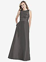 Front View Thumbnail - Caviar Gray & Caviar Gray High-Neck Asymmetrical Shirred Satin Maxi Dress with Pockets