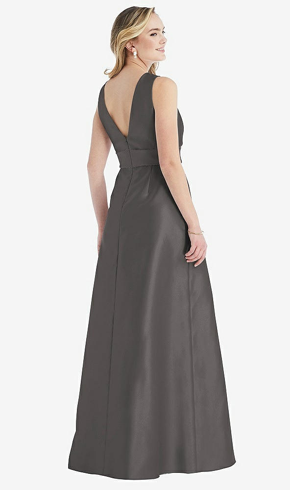 Back View - Caviar Gray & Caviar Gray High-Neck Asymmetrical Shirred Satin Maxi Dress with Pockets