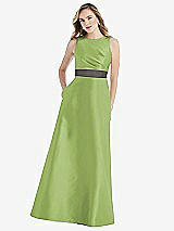Front View Thumbnail - Mojito & Caviar Gray High-Neck Asymmetrical Shirred Satin Maxi Dress with Pockets