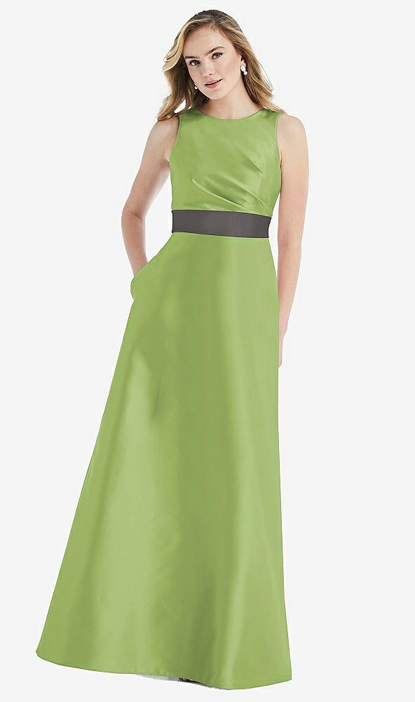 Front View - Mojito & Caviar Gray High-Neck Asymmetrical Shirred Satin Maxi Dress with Pockets