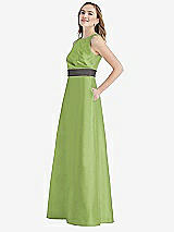 Side View Thumbnail - Mojito & Caviar Gray High-Neck Asymmetrical Shirred Satin Maxi Dress with Pockets