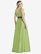 Rear View Thumbnail - Mojito & Caviar Gray High-Neck Asymmetrical Shirred Satin Maxi Dress with Pockets
