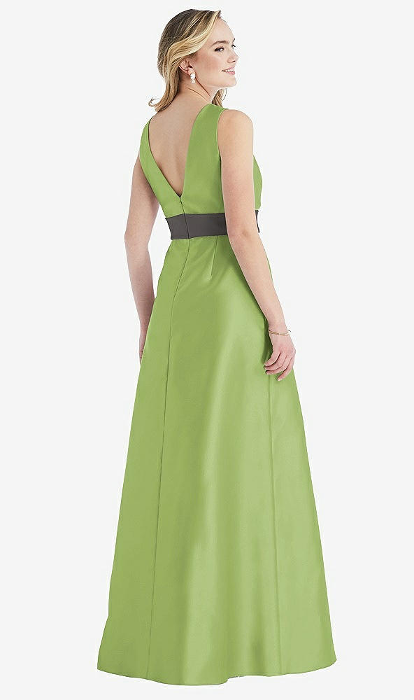Back View - Mojito & Caviar Gray High-Neck Asymmetrical Shirred Satin Maxi Dress with Pockets