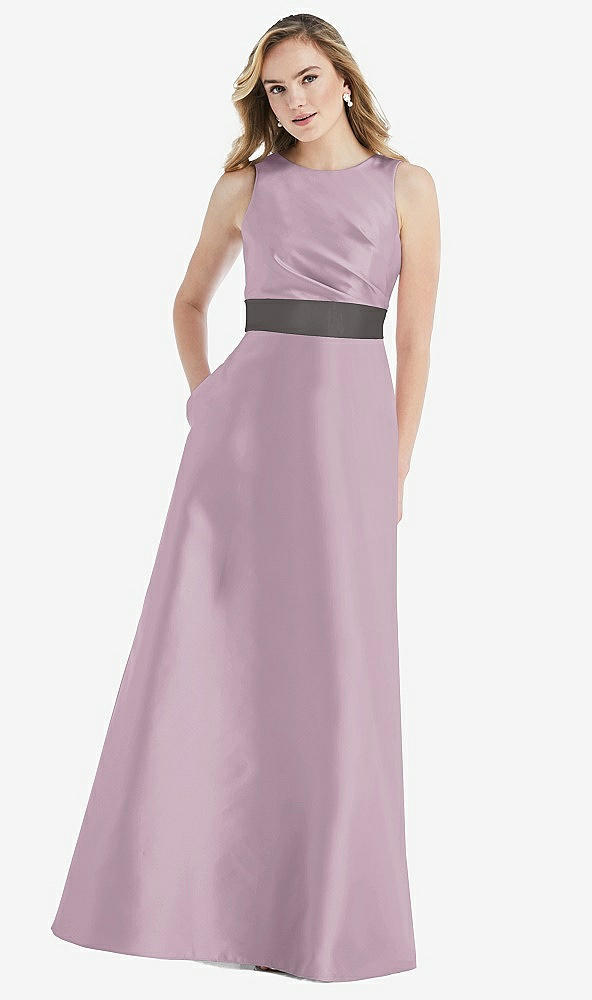 Front View - Suede Rose & Caviar Gray High-Neck Asymmetrical Shirred Satin Maxi Dress with Pockets