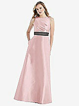 Front View Thumbnail - Ballet Pink & Caviar Gray High-Neck Asymmetrical Shirred Satin Maxi Dress with Pockets