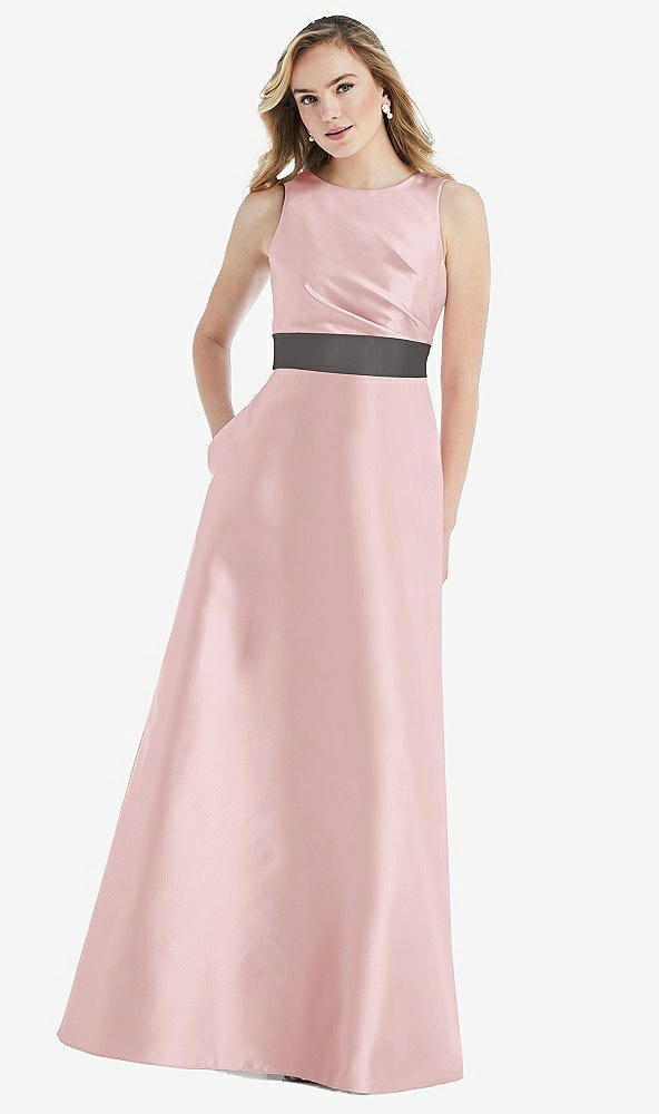 Front View - Ballet Pink & Caviar Gray High-Neck Asymmetrical Shirred Satin Maxi Dress with Pockets