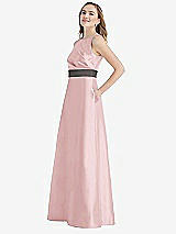 Side View Thumbnail - Ballet Pink & Caviar Gray High-Neck Asymmetrical Shirred Satin Maxi Dress with Pockets