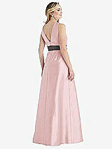 Rear View Thumbnail - Ballet Pink & Caviar Gray High-Neck Asymmetrical Shirred Satin Maxi Dress with Pockets