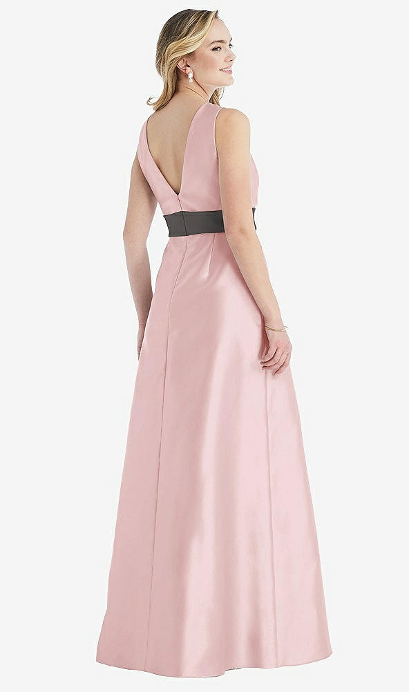 Back View - Ballet Pink & Caviar Gray High-Neck Asymmetrical Shirred Satin Maxi Dress with Pockets