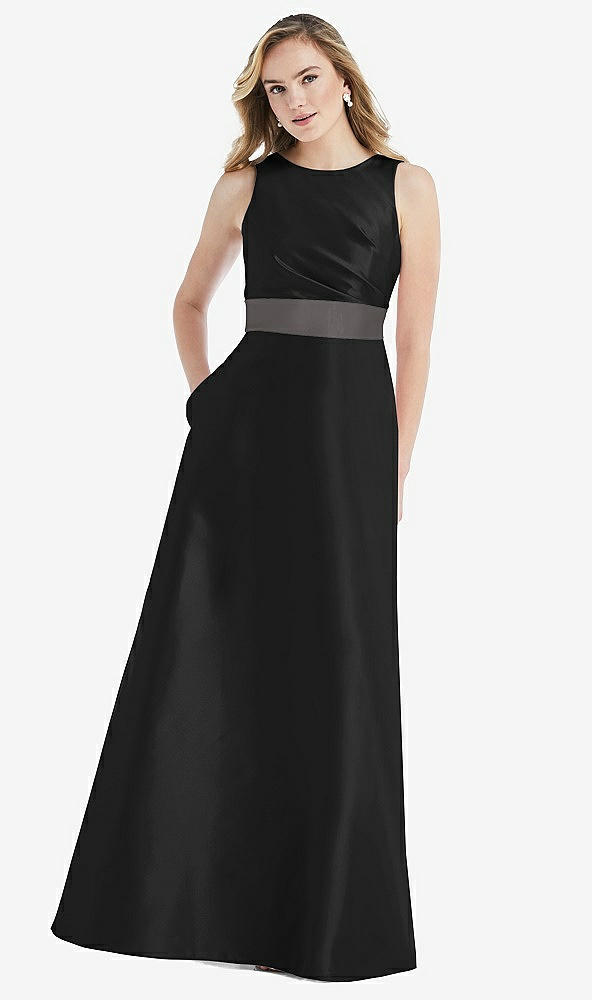 Front View - Black & Caviar Gray High-Neck Asymmetrical Shirred Satin Maxi Dress with Pockets