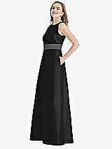Side View Thumbnail - Black & Caviar Gray High-Neck Asymmetrical Shirred Satin Maxi Dress with Pockets