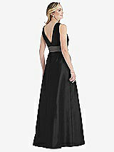 Rear View Thumbnail - Black & Caviar Gray High-Neck Asymmetrical Shirred Satin Maxi Dress with Pockets