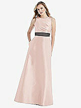 Front View Thumbnail - Blush & Caviar Gray High-Neck Asymmetrical Shirred Satin Maxi Dress with Pockets