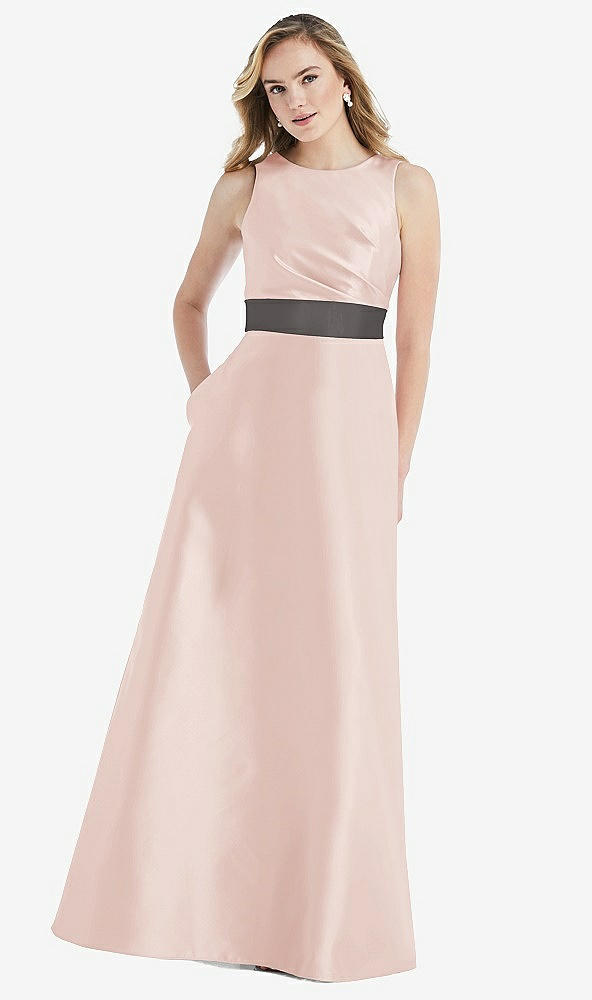 Front View - Blush & Caviar Gray High-Neck Asymmetrical Shirred Satin Maxi Dress with Pockets