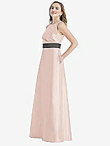 Side View Thumbnail - Blush & Caviar Gray High-Neck Asymmetrical Shirred Satin Maxi Dress with Pockets