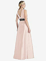 Rear View Thumbnail - Blush & Caviar Gray High-Neck Asymmetrical Shirred Satin Maxi Dress with Pockets