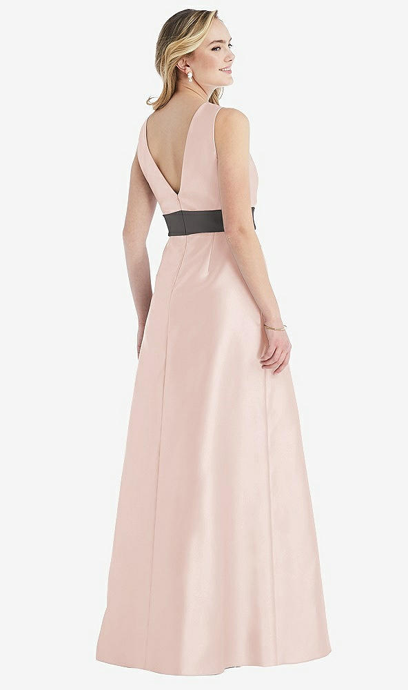 Back View - Blush & Caviar Gray High-Neck Asymmetrical Shirred Satin Maxi Dress with Pockets