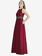 Side View Thumbnail - Burgundy & Caviar Gray High-Neck Asymmetrical Shirred Satin Maxi Dress with Pockets