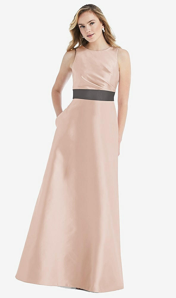Front View - Cameo & Caviar Gray High-Neck Asymmetrical Shirred Satin Maxi Dress with Pockets
