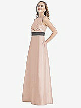 Side View Thumbnail - Cameo & Caviar Gray High-Neck Asymmetrical Shirred Satin Maxi Dress with Pockets