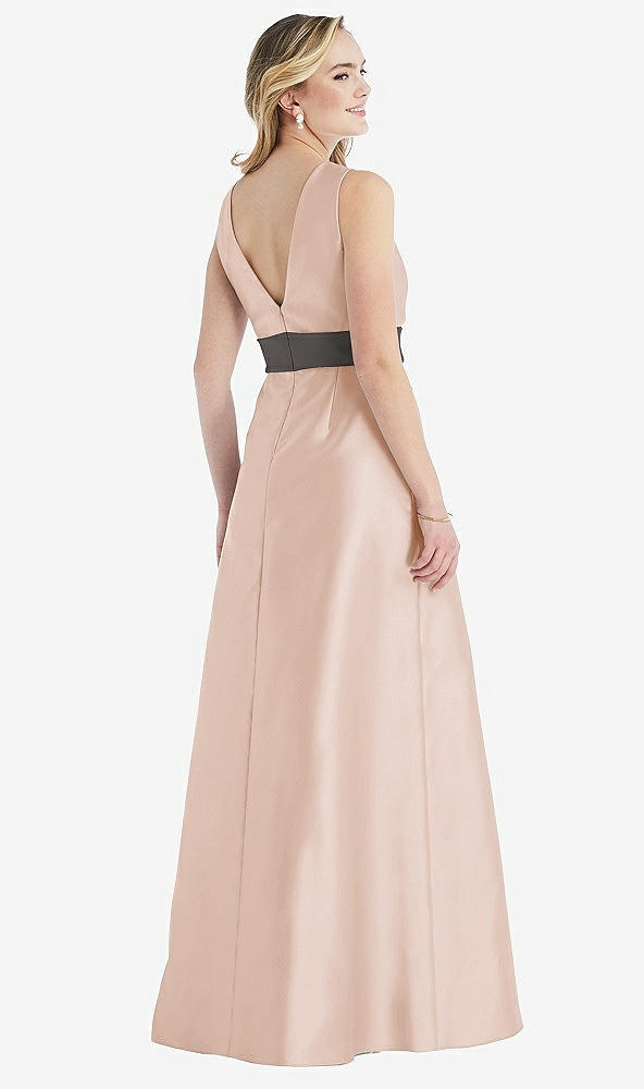 Back View - Cameo & Caviar Gray High-Neck Asymmetrical Shirred Satin Maxi Dress with Pockets