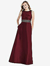 Front View Thumbnail - Cabernet & Caviar Gray High-Neck Asymmetrical Shirred Satin Maxi Dress with Pockets