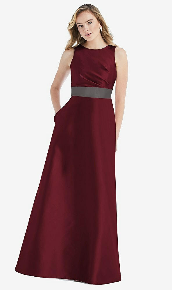 Front View - Cabernet & Caviar Gray High-Neck Asymmetrical Shirred Satin Maxi Dress with Pockets