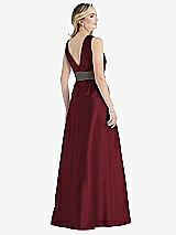 Rear View Thumbnail - Cabernet & Caviar Gray High-Neck Asymmetrical Shirred Satin Maxi Dress with Pockets